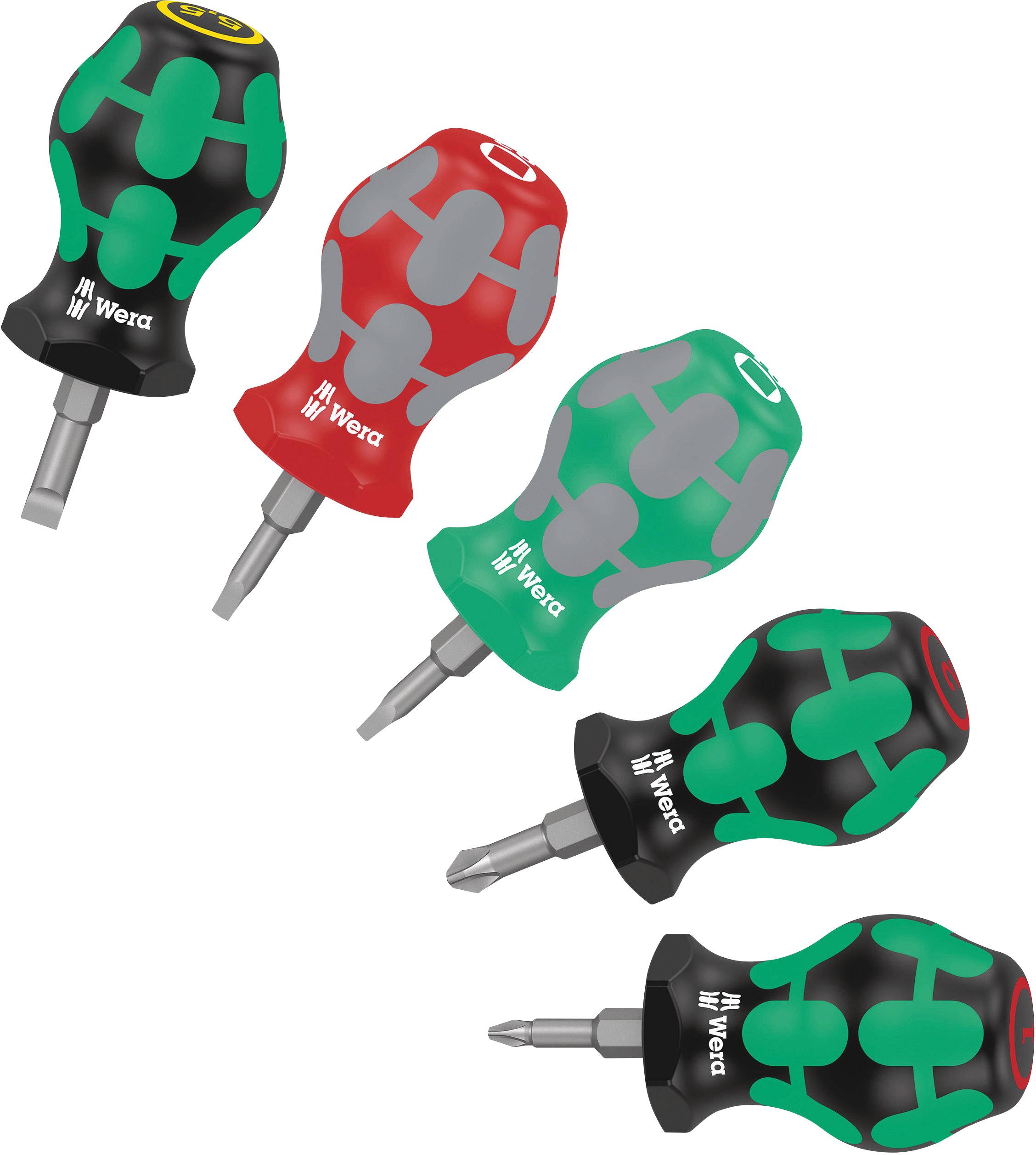 Five compact screwdrivers with colourful handles by Wera, each with a slotted, Phillips or Torx head, suitable for various applications.