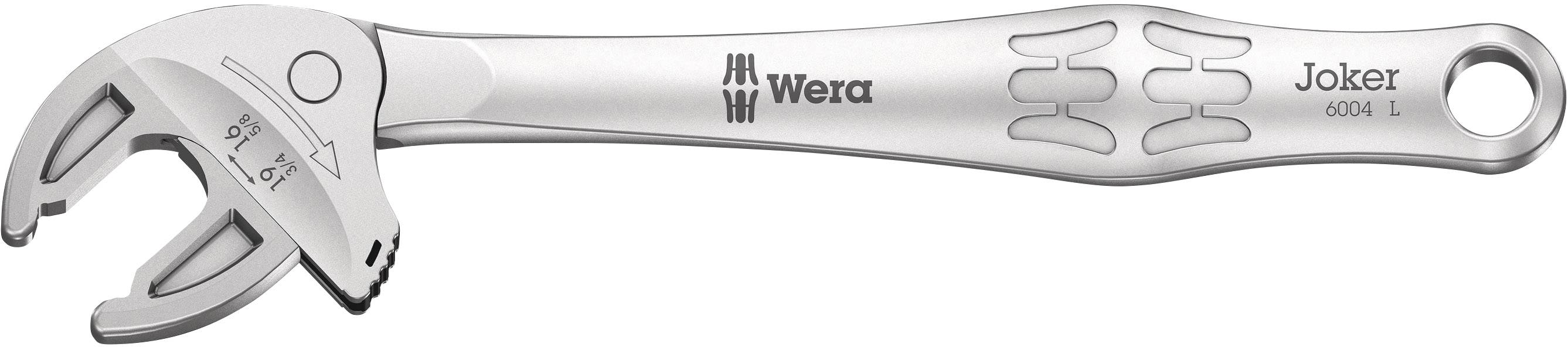 An adjustable open-end wrench by Wera, Joker 6004 L model, made of metal.