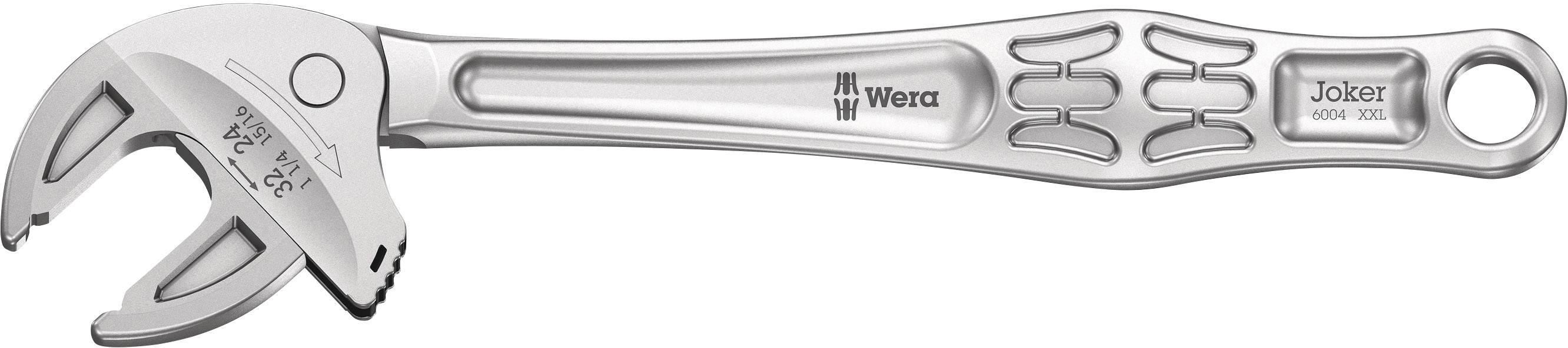 'Metal adjustable spanner with adjustable head and ergonomic handle. 'Wera' marking and measurement details visible on the head.'