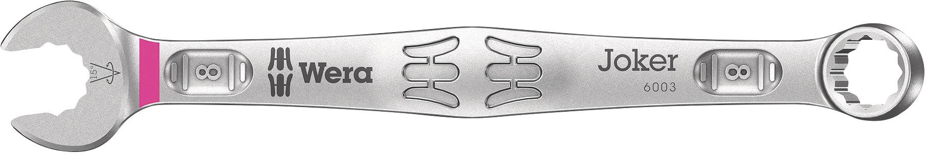 A silver double-ended spanner by Wera, model Joker. Left side with an open jaw, right side with a ring end; suitable for bolting and fastening.