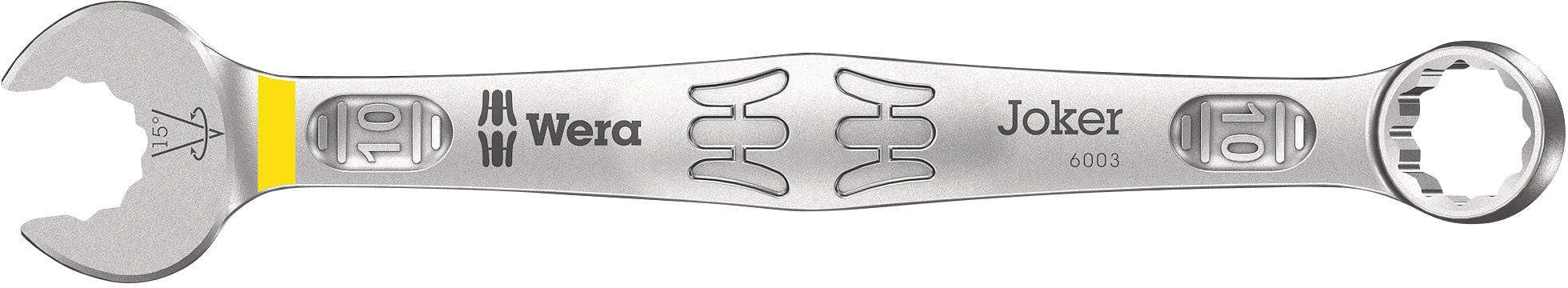 A silver ring spanner with the inscription 'Wera Joker 6003'. The left jaw is marked in yellow, the right jaw has a serrated opening.