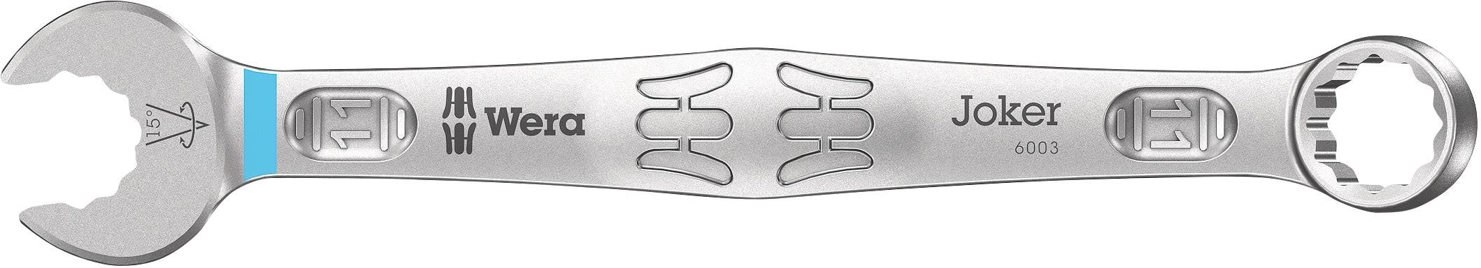 A silver spanner with an open and ring-shaped end, with the brand name 'Wera Joker' engraved on the surface.