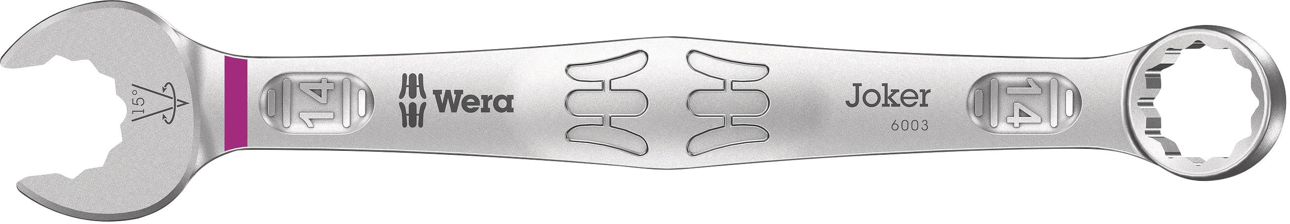 Adjustable spanner with 'Wera' and 'Joker 6003' logos and markings, comprising an open-end and a ring-end section.
