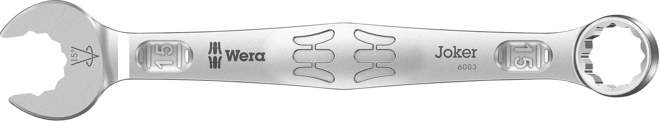 A silver combination spanner with the inscription 'Wera Joker 6003'. The spanner has open and closed ends for different screw sizes.