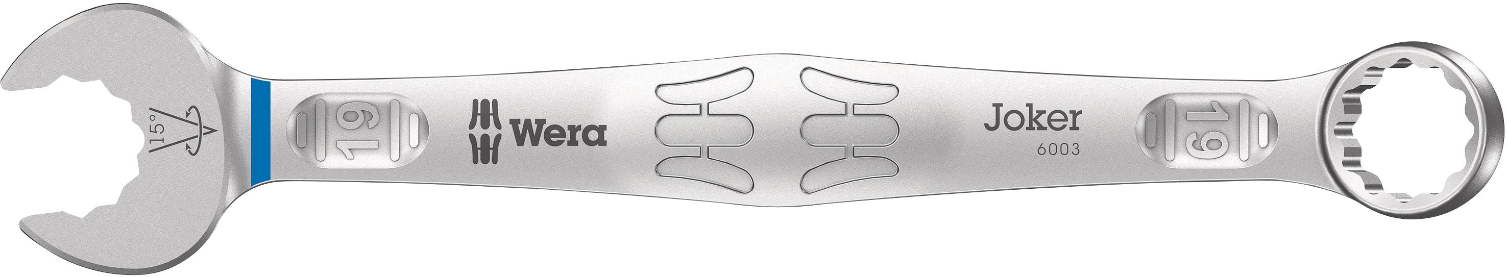 Wera double open-end spanner, Joker 6003 model. One side open, the other with a multi-tooth profile. Silver-coloured with markings.