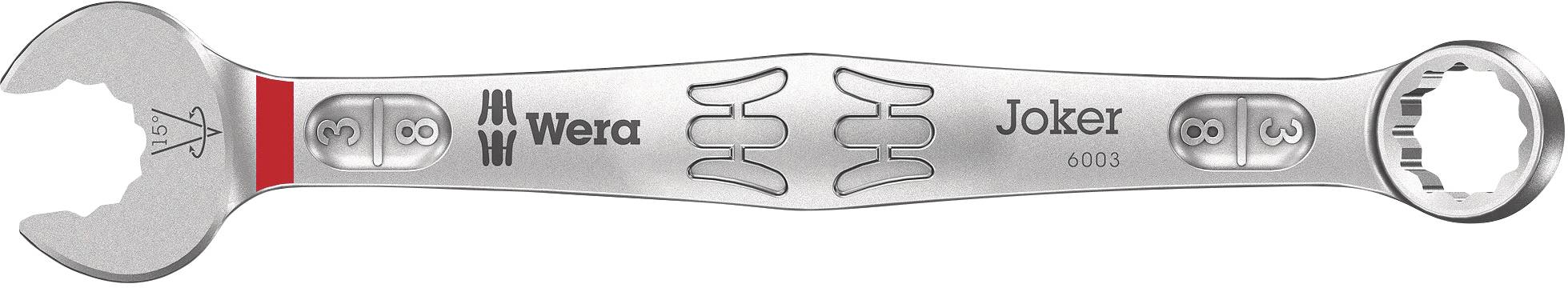 'Wera Joker Spanner' in silver with a red element. On the right is a ring opening. Designed for precise fastening.