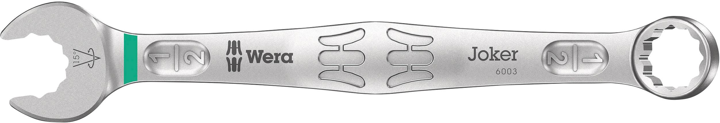 Spanner with open and ring end. Brand name 'Wera Joker 6003'. Silver-coloured with green accent.