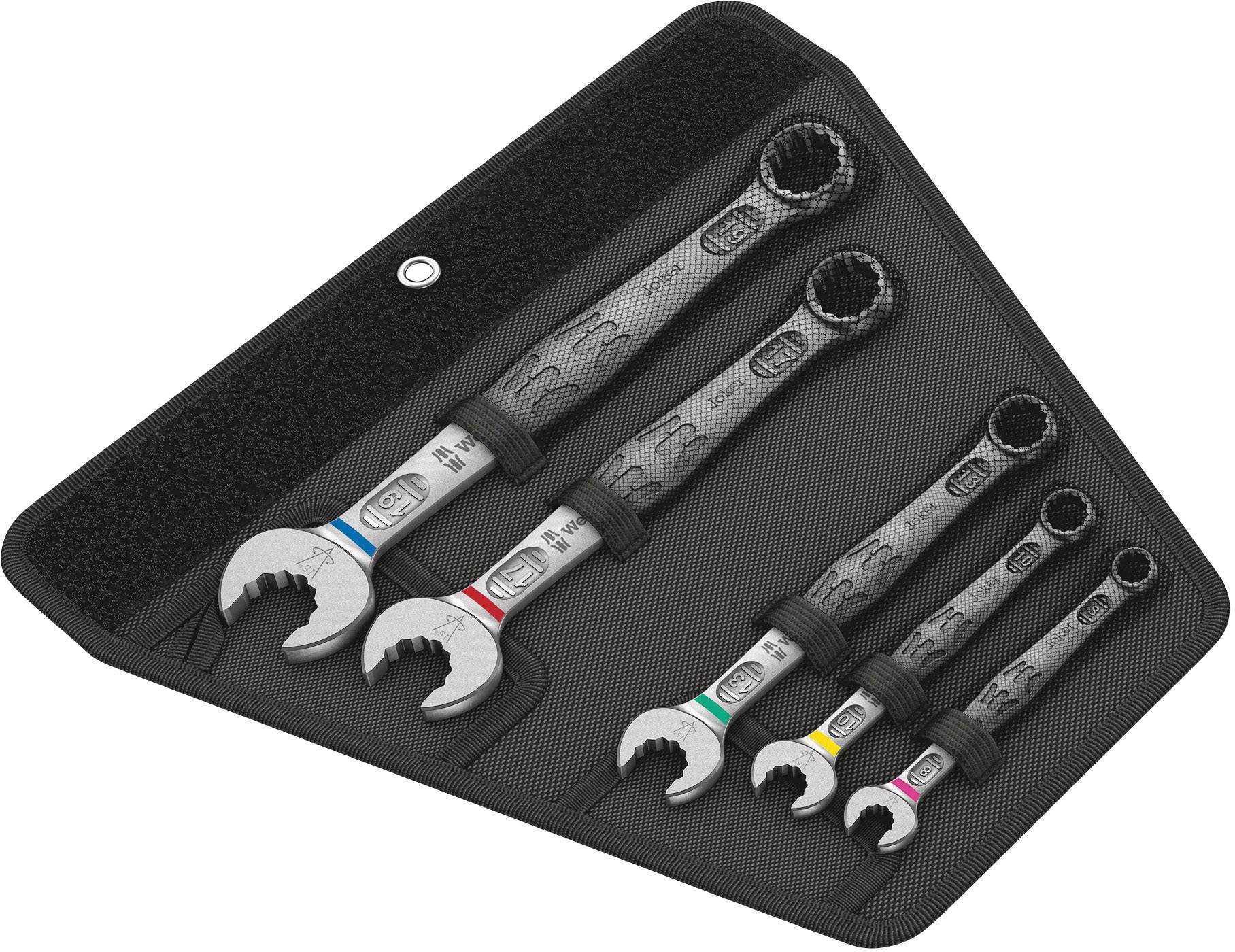 Five spanners in different sizes, arranged in a fold-out case. Each spanner is colour-coded.