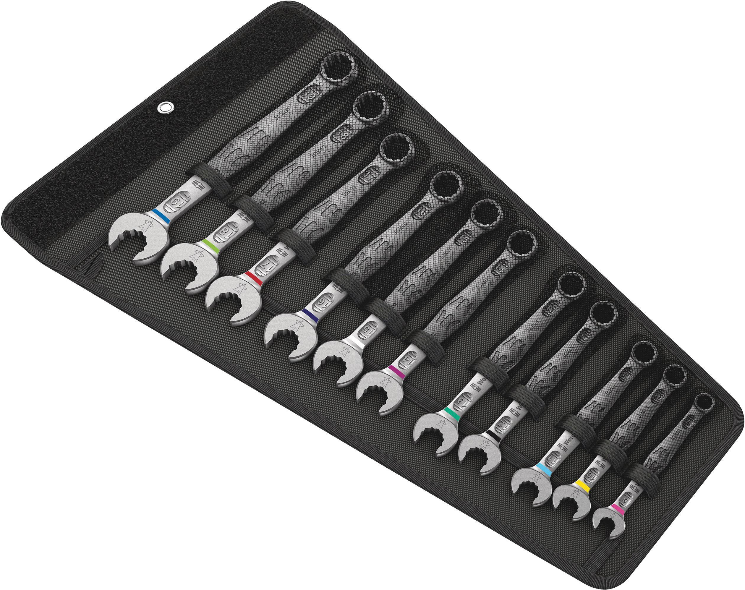 Satz von 12 hochwertigen Schraubenschlüsseln in aufsteigender Größe, ordentlich in einem schwarzen Etui angeordnet.