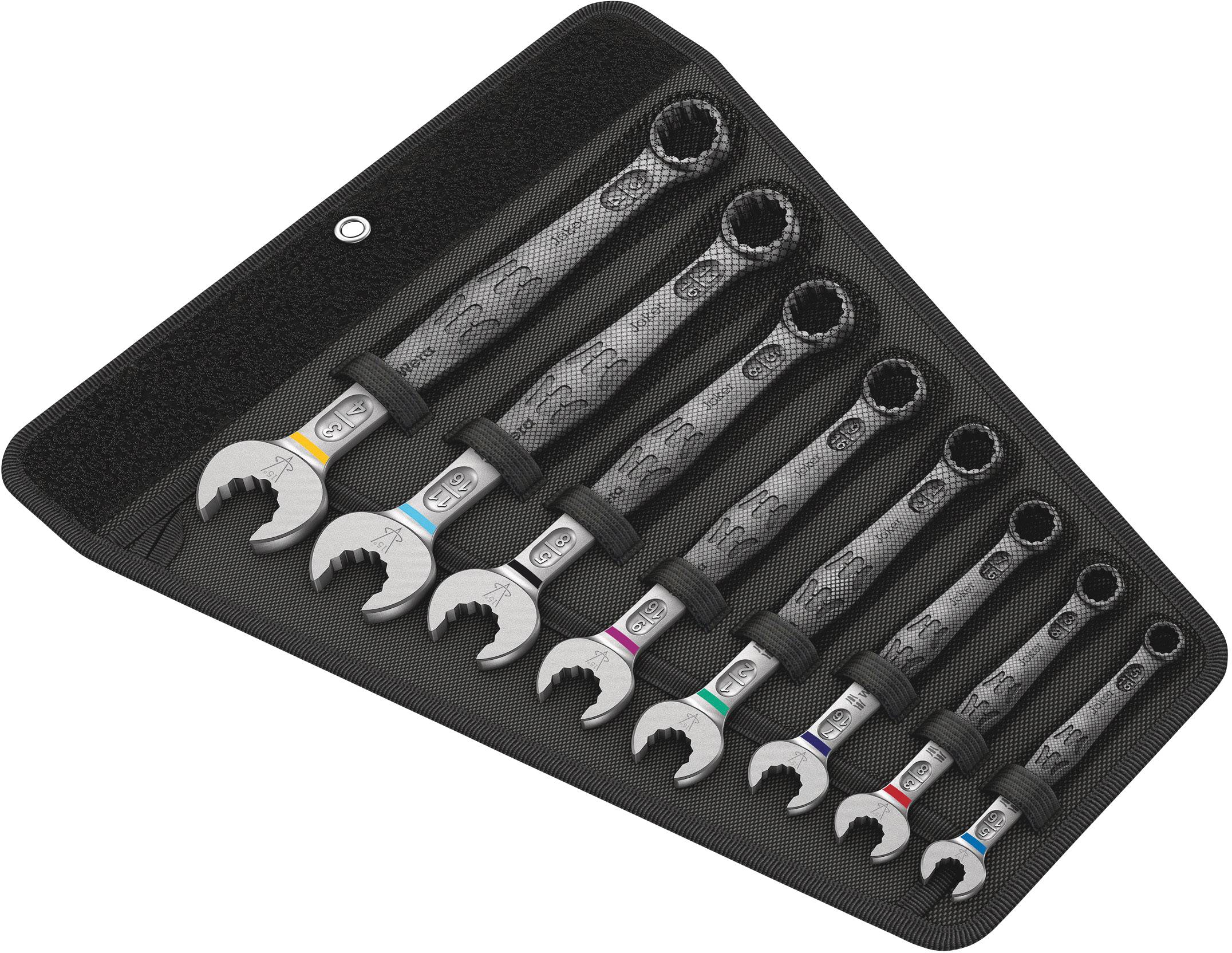 A set of eight spanners in various sizes in a black fabric pouch.
