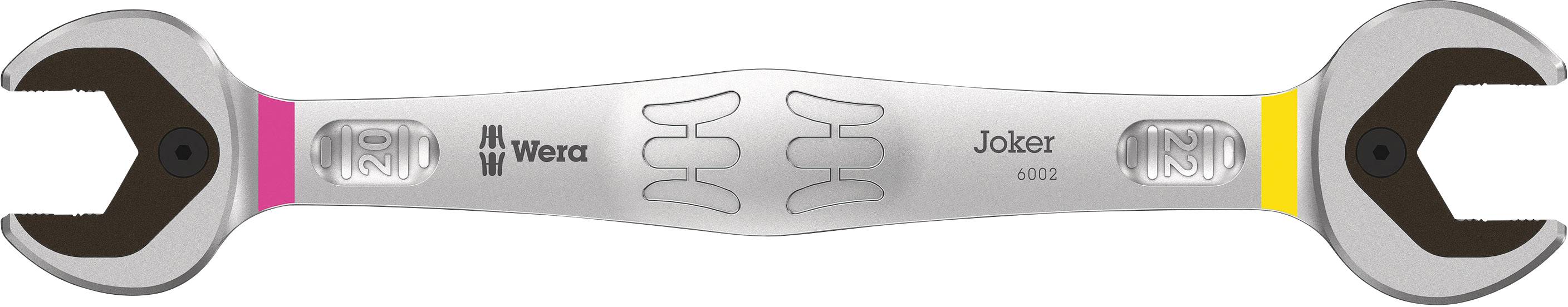 A double-ended spanner by Wera with an open jaw, model name 'Joker 6004', in silver with coloured markings.