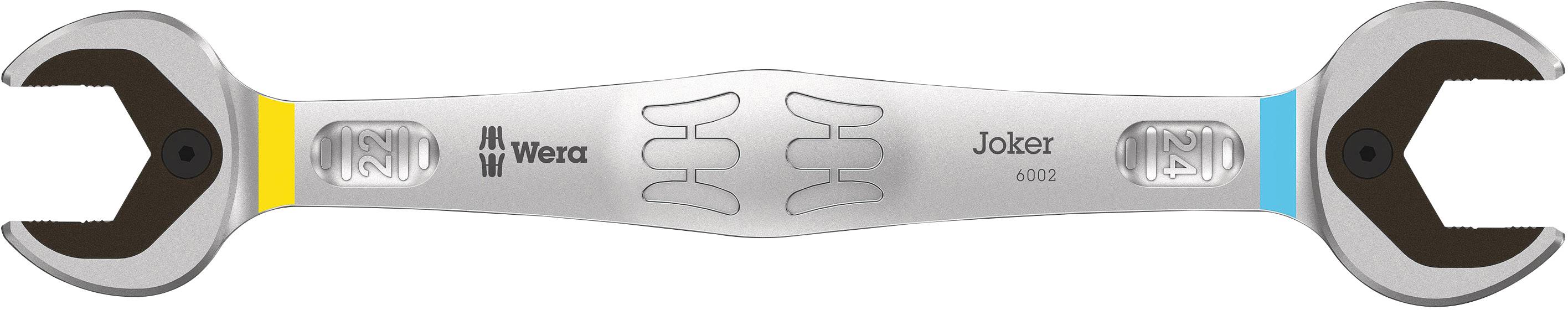 Double-sided spanner with the inscription 'Wera Joker 6003', featuring yellow and blue markings at the ends.