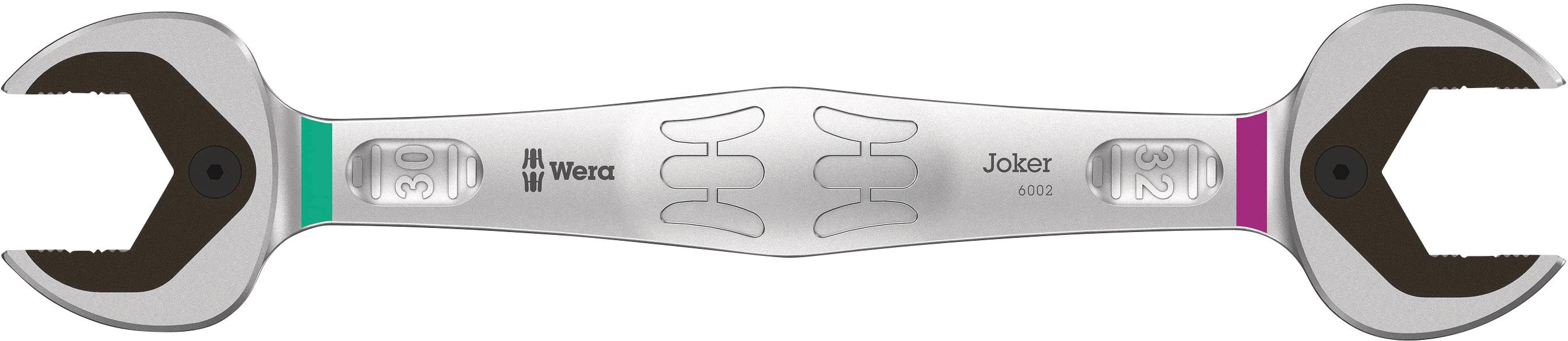 A silver spanner with open ends, coloured markings, and the print 'Wera Joker 6003'.