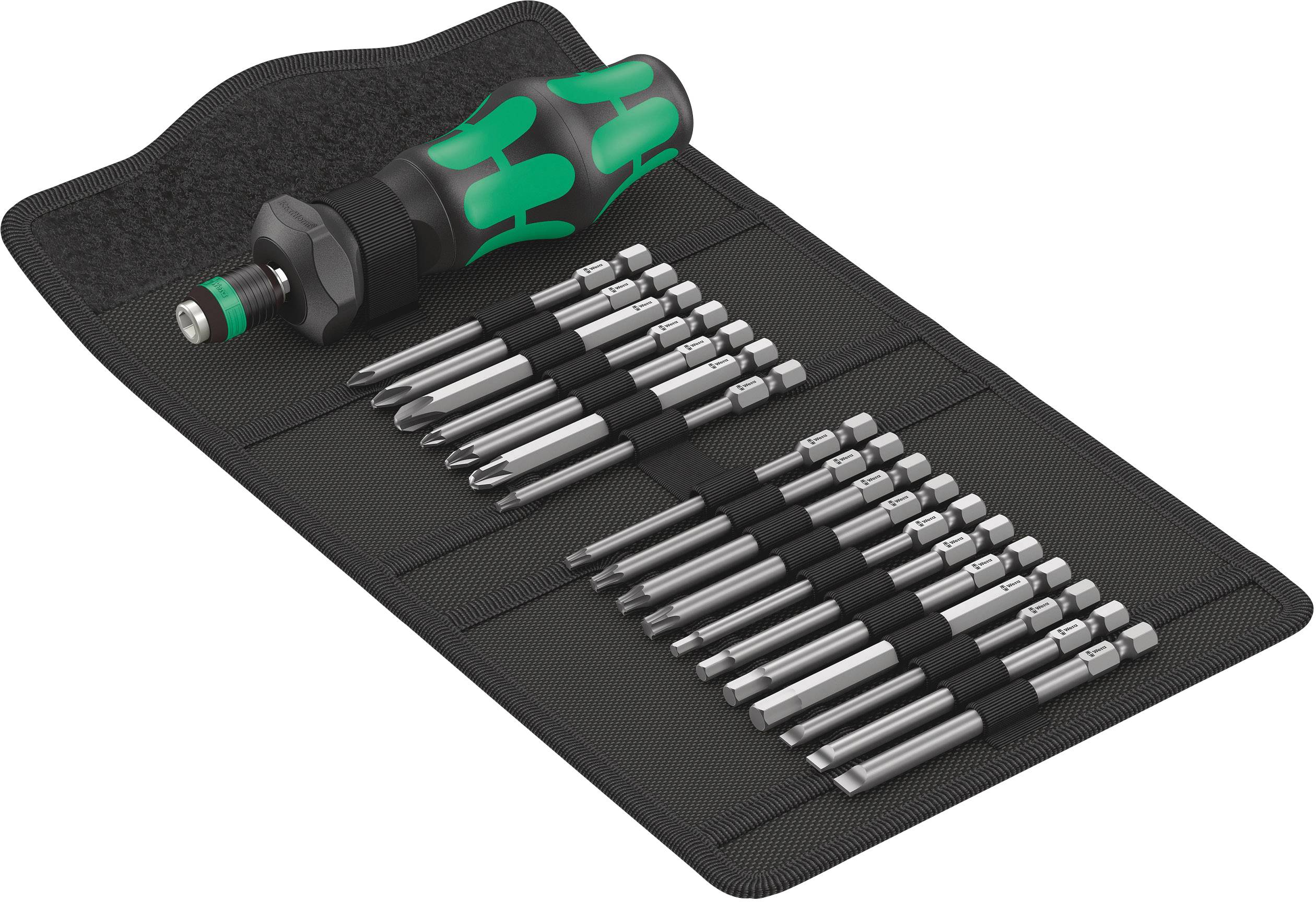 Screwdriver set with one handle and 23 different bits in an open black fabric case, arranged in groups.