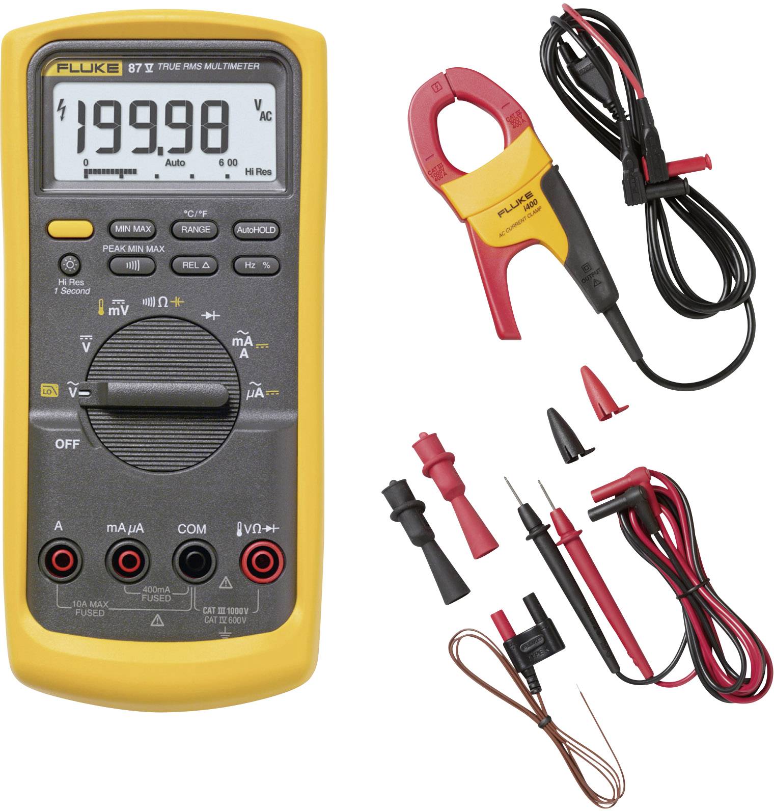 A digital multimeter and accessories with various measuring cables and crocodile clips. The display shows '199.98'.