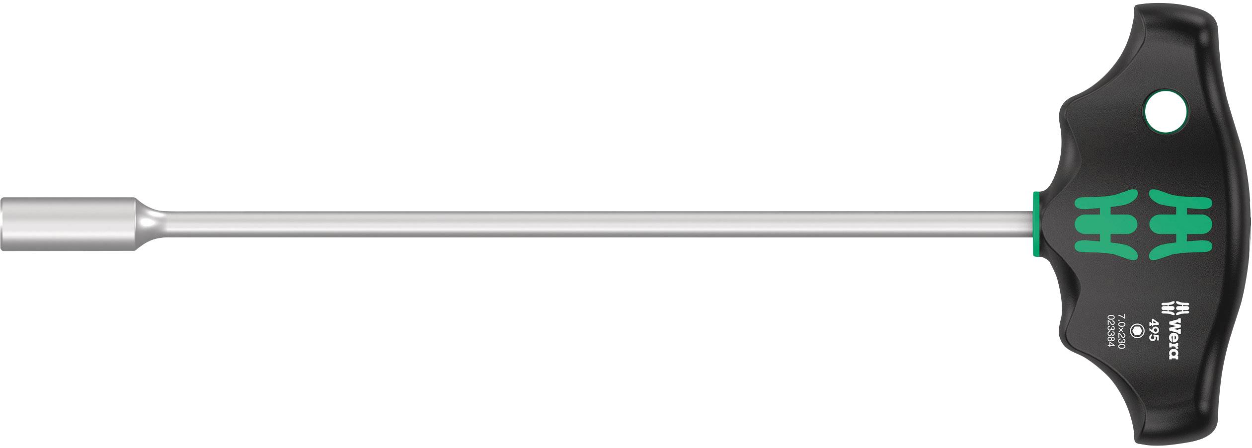 T-handle screwdriver with long metal shaft and green-black grip, ideal for tightening or loosening screws in hard-to-reach places.