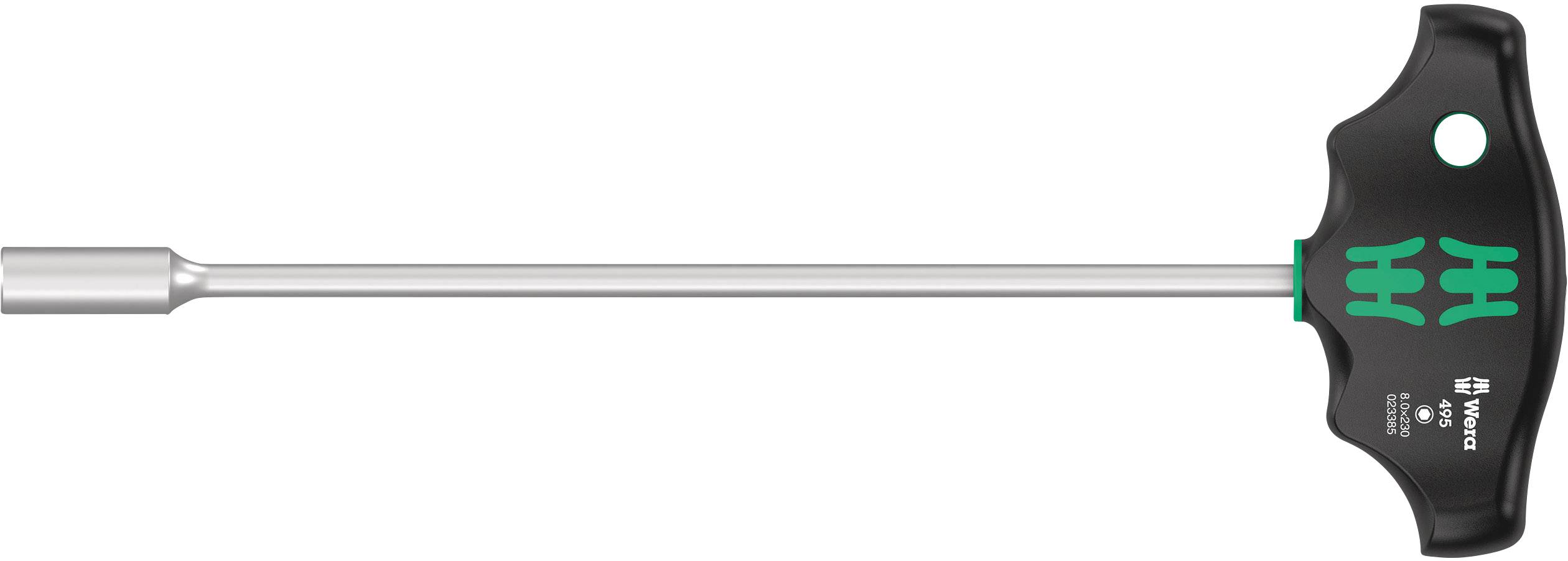 T-handle hex key with long shaft and black, ergonomic grip. Suitable for tightening or loosening screws.