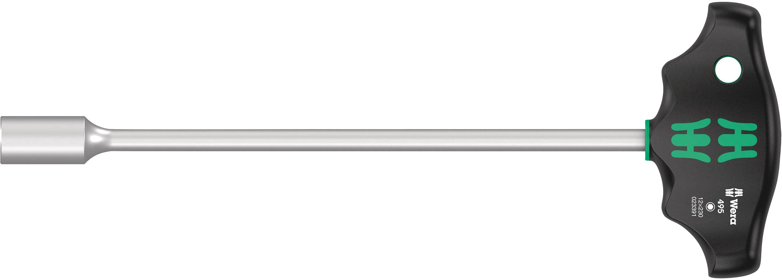 T-shaped spanner with a black handle and green pattern, long metal shaft, suitable for tightening bolts and screws.