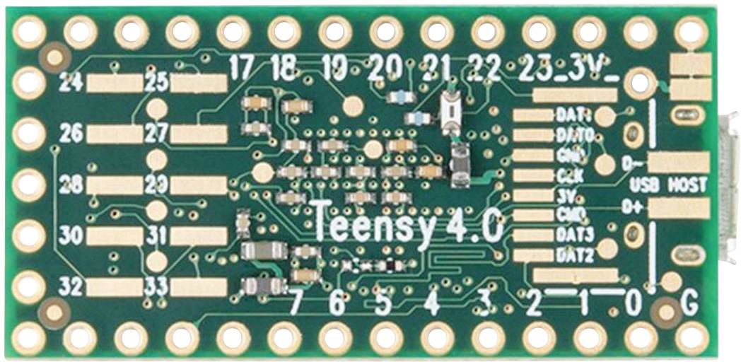 Microcontroller board 'Teensy 4.0' with numerous connection pins and labels on a green circuit board.