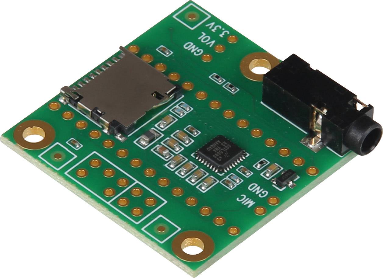 Green electronic circuit board with microcontroller, microSD card slot, and audio port. Used in electronic projects.