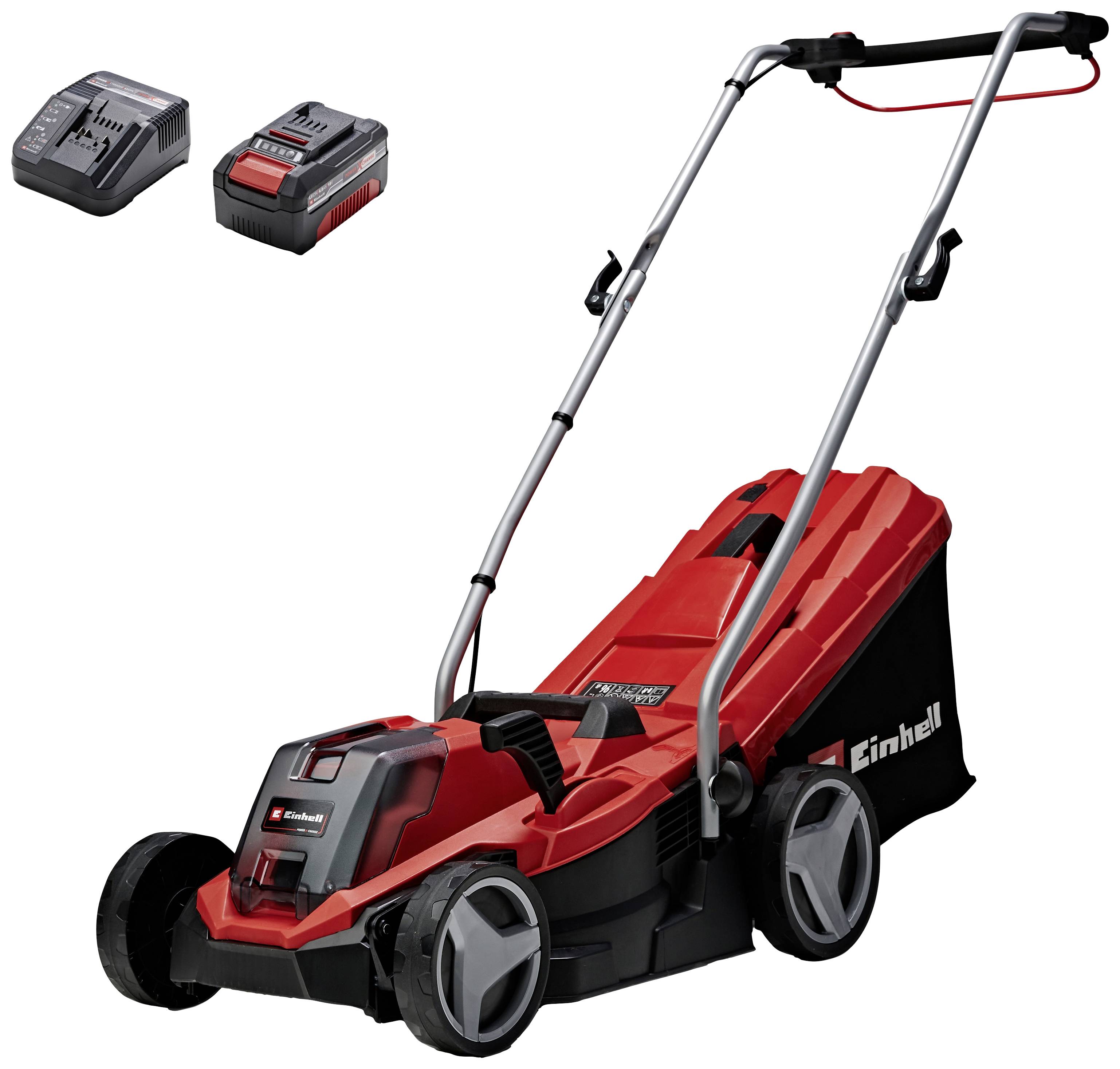 Red, cordless lawn mower with long handle, battery and charger. Ideal for medium-sized gardens. Battery-powered.