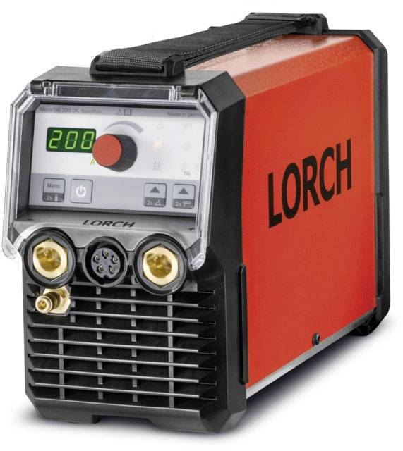 Portable welding machine with a red casing and black carrying handle. Displays a digital screen showing the number '200' with several control buttons.
