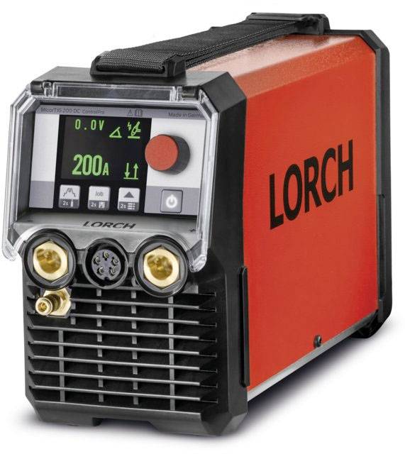Welding machine with a red casing and display; showing current strength of 200A. Brand name 'LORCH' clearly visible on the side.