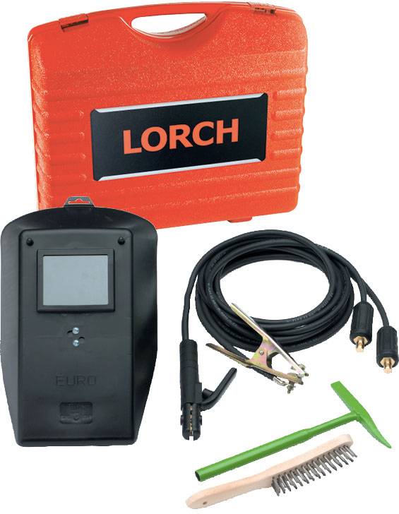 A welding equipment set with a red Lorch case, welding helmet, cables, clamp, brush and tools.