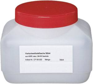White plastic bottle with red screw cap. Label with text: 'Square-necked wide-mouth bottle 500 ml...'.