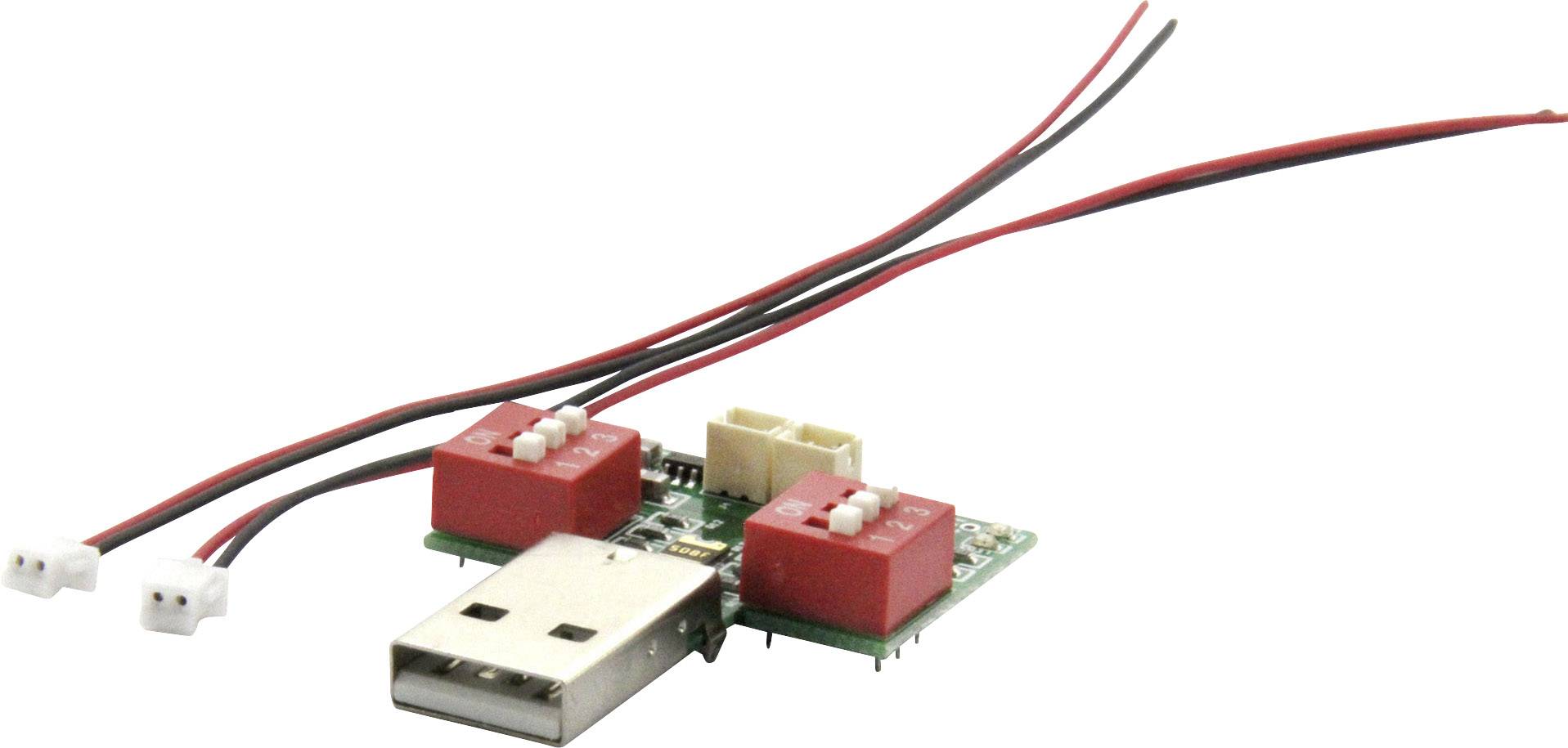 A USB device with two red switches and two connected cables, used for controlling electronic components.