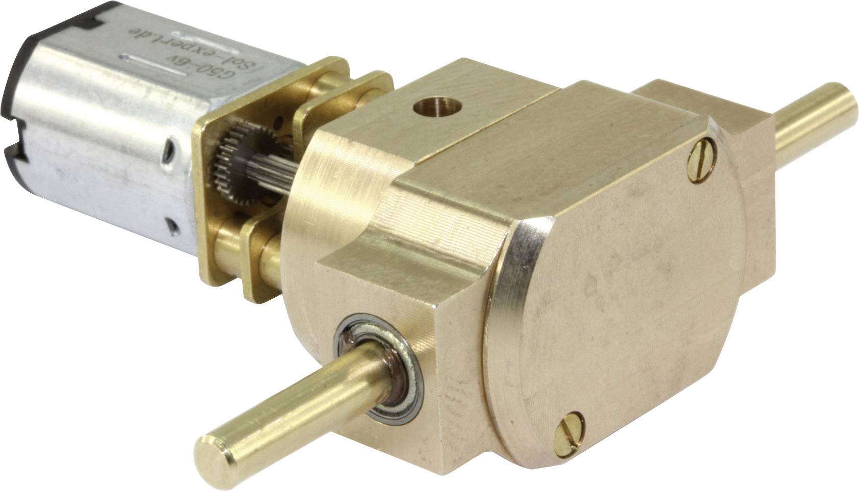 Metal gearbox with electric motor, showing gears and axles, used for mechanical applications.