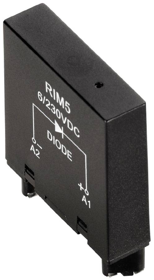 Black relay module with the marking 'RIM5 6/230VDC DIODE' and schematic drawing of a diode with terminals A2 and A1.