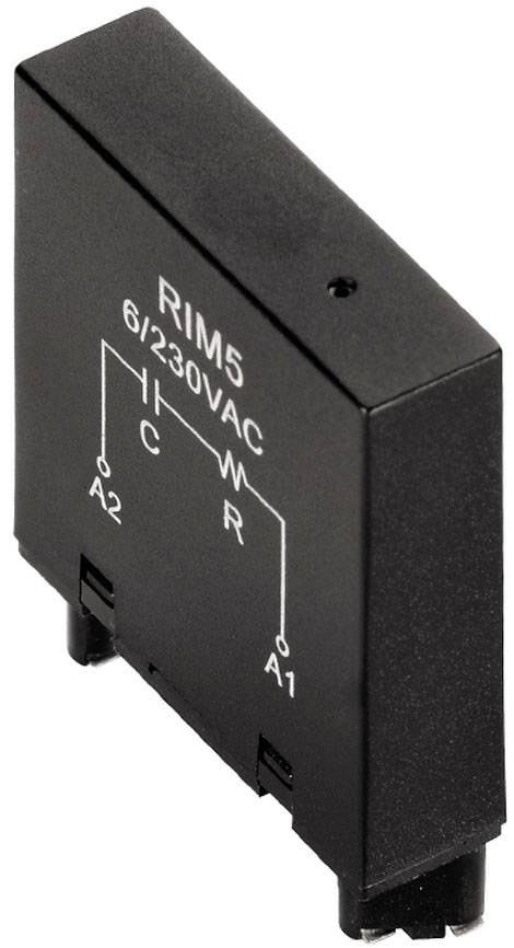 A black relay housing with the inscription 'RIM5 6/230VAC' shows a simple circuit diagram with the connections A1, A2, C, R and M.