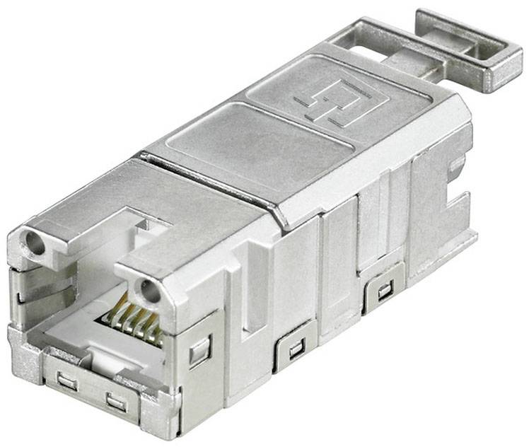 Modular metal RJ45 plug for network cabling. Suitable for Ethernet connections, offering robust and reliable connections.