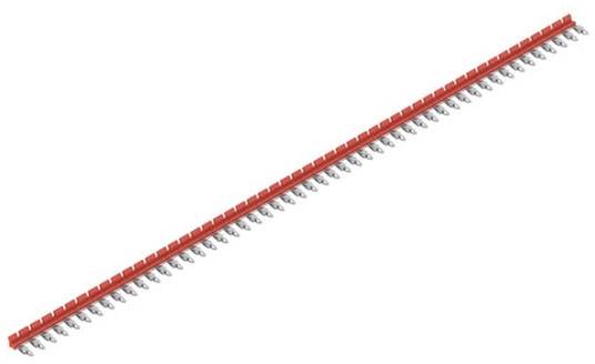 A long, narrow red object with a series of numerous small hooks on it.