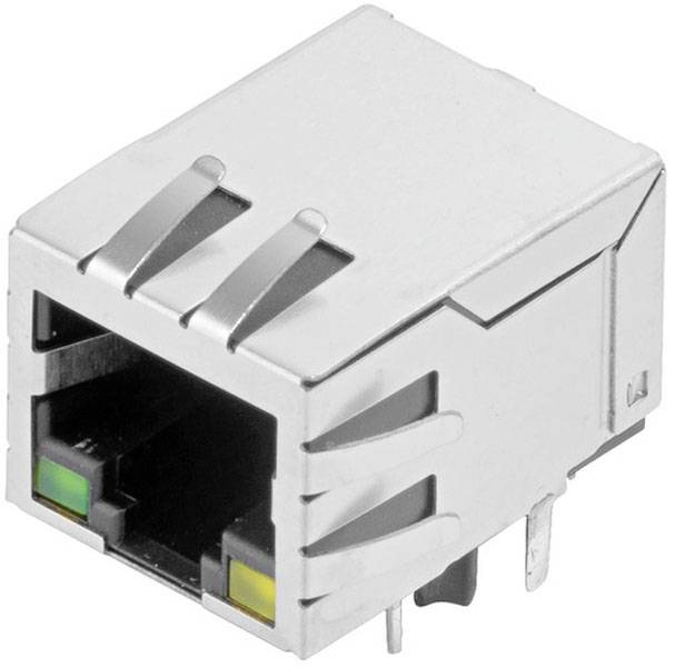 A silver Ethernet socket with yellow-green LED indicators, used for wired network connections.