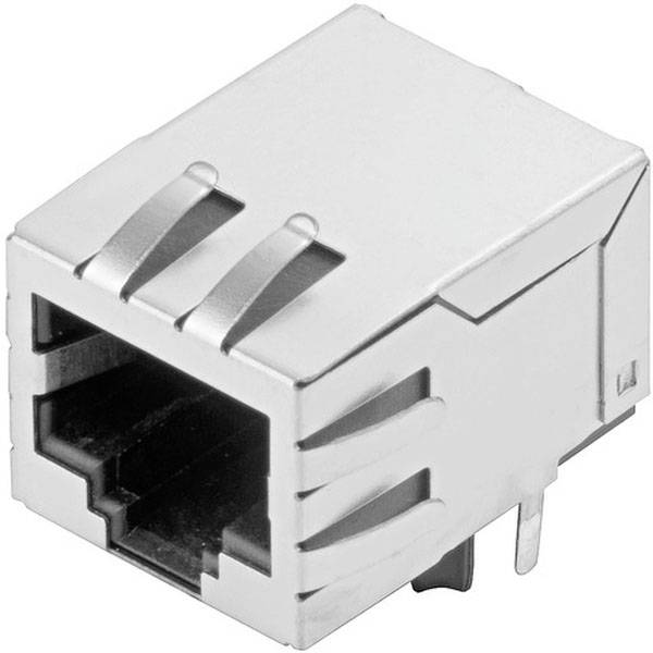 Metallic RJ45 network plug with rectangular shape, clip locks and groove for Ethernet cable connection.