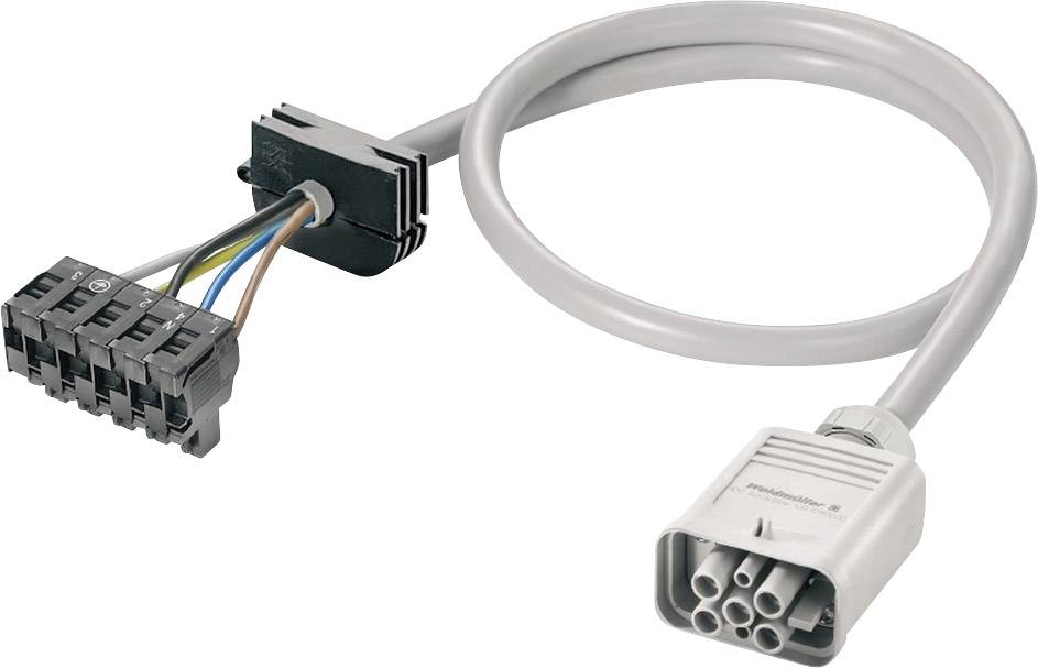 A grey electrical cable with a multi-pin plug and exposed wires at one end, suitable for machine connections.