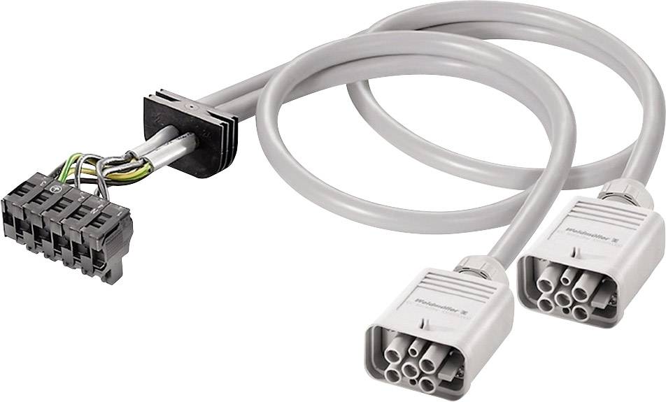 A grey Y-cable with two ends on the right side, each with a multi-plug. On the left is a black plug block.