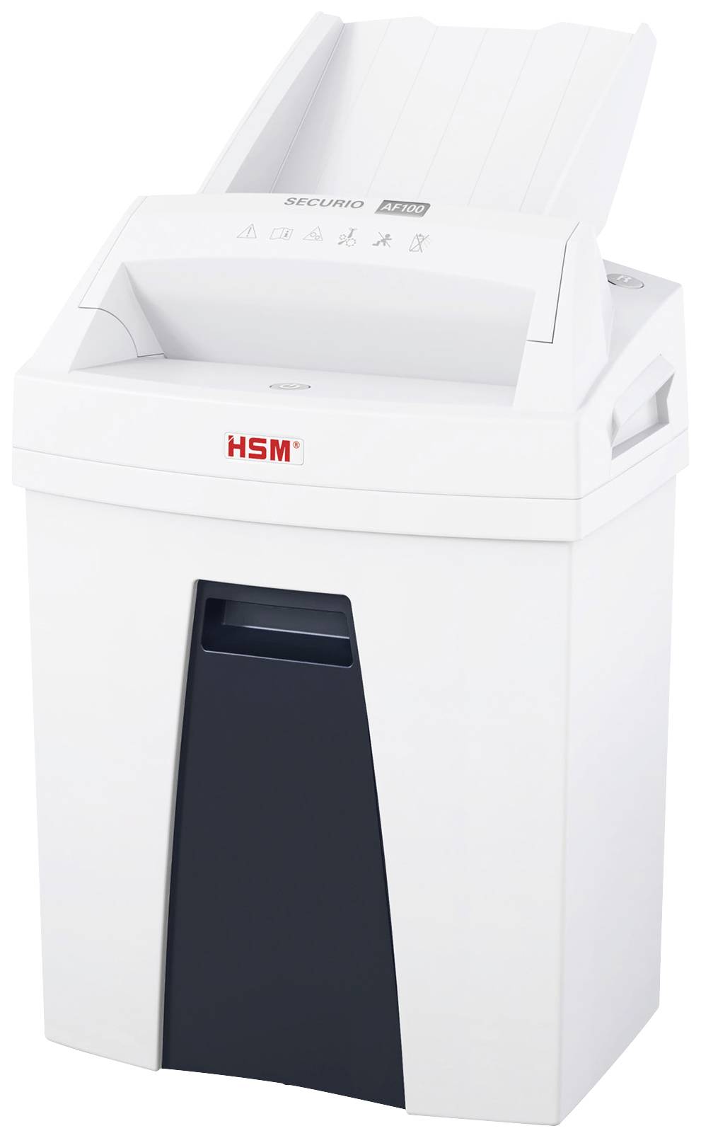 White paper shredder with open paper tray, suitable for offices to securely dispose of confidential documents.