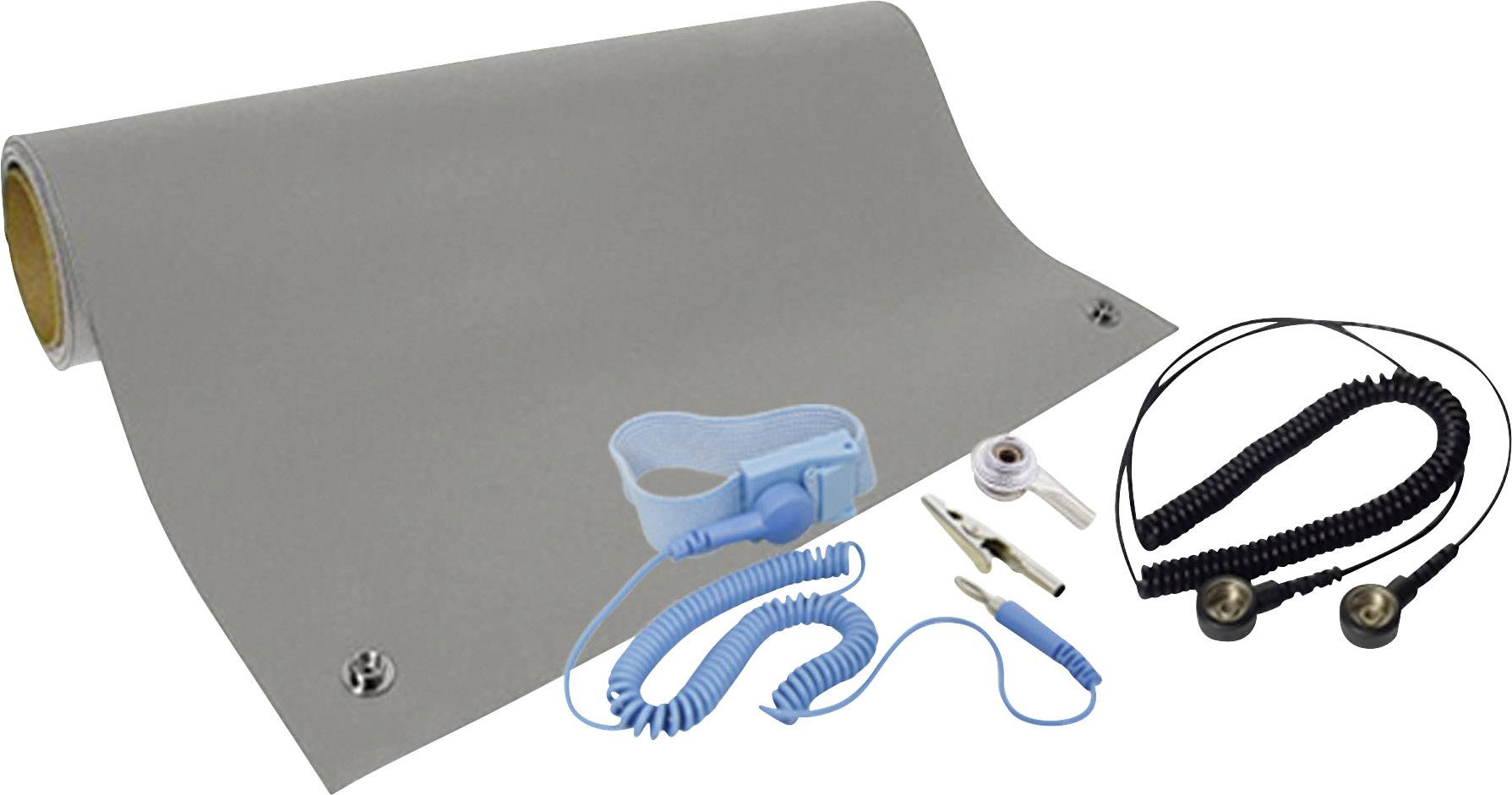 Grey earthing mat with cords, clamps and connections beside it. Suitable for diverting static electricity.