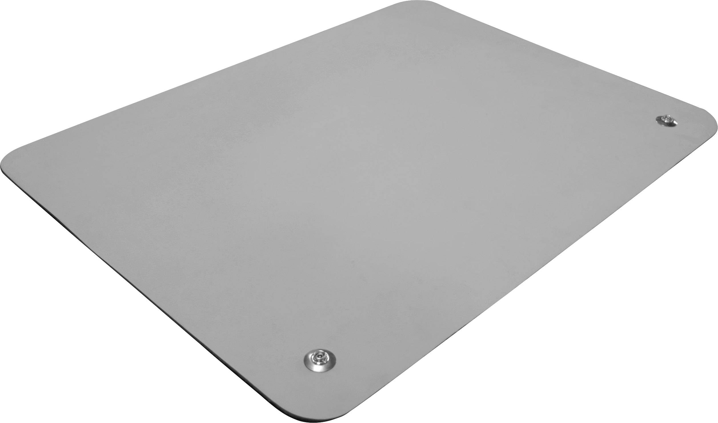 Grey metal plate with rounded corners and two visible screws at diagonal corners, against a white background.