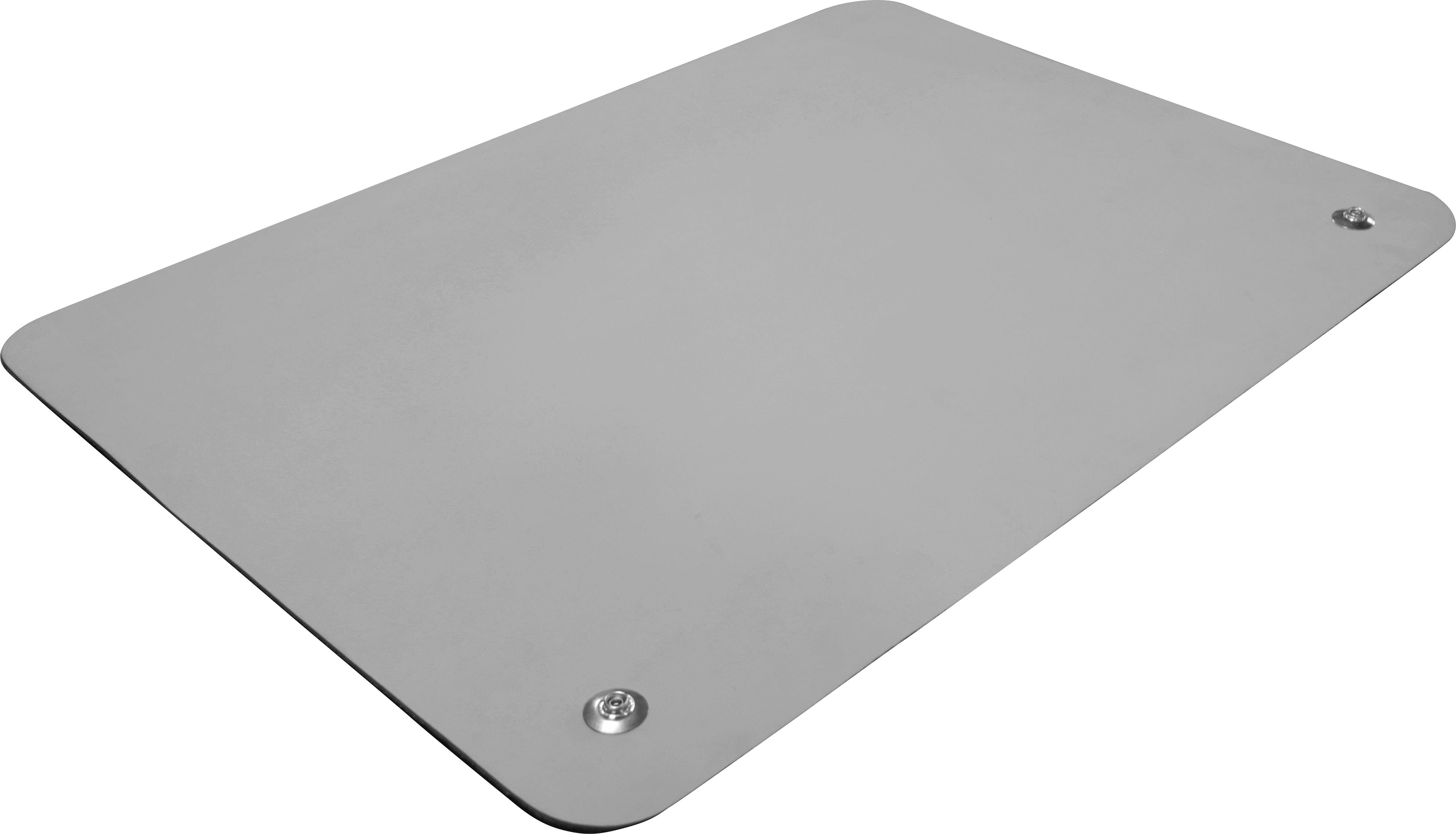 Metal plate with bevelled corners and two visible screws on the short sides.