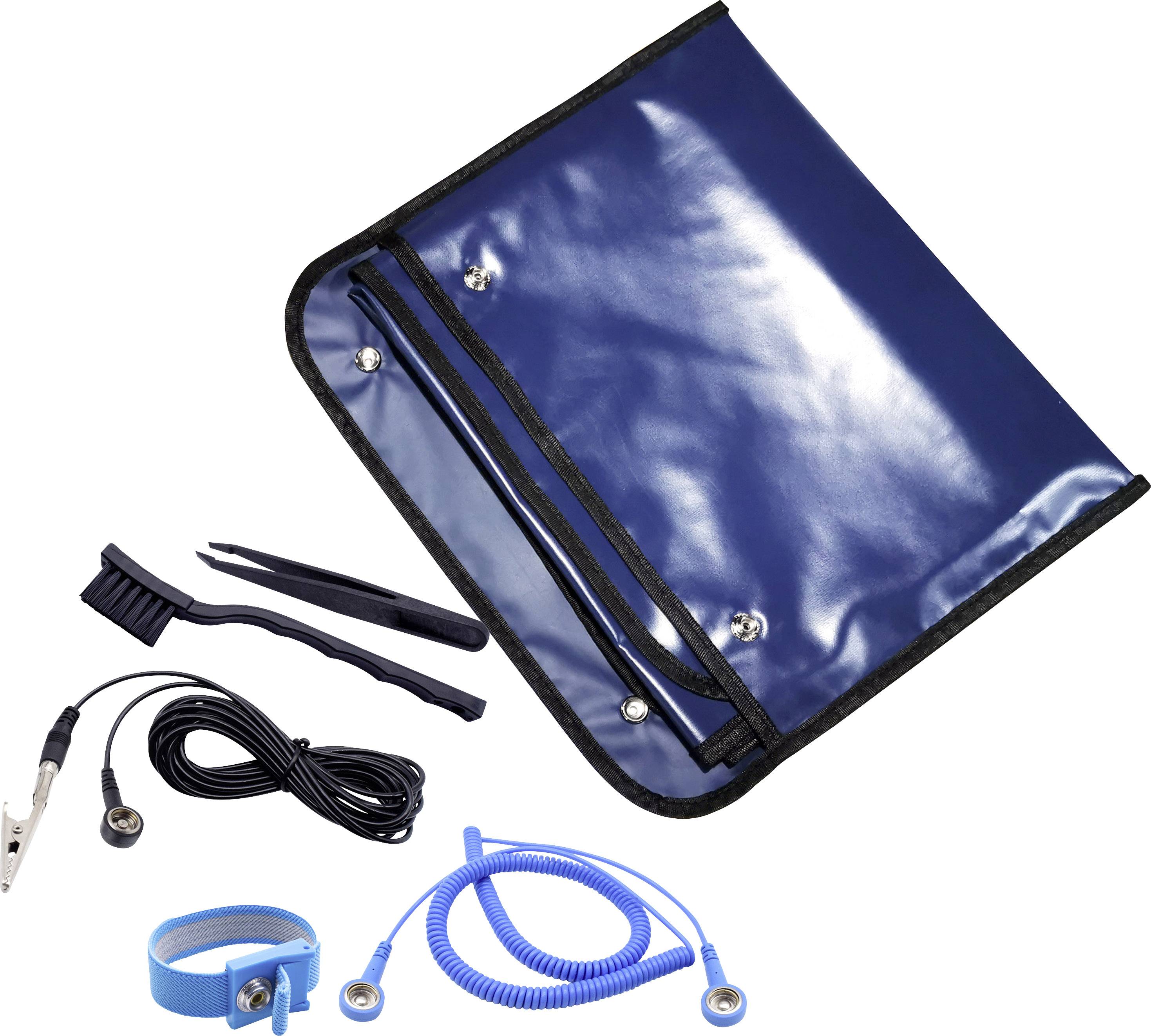 Anti-static set with blue fuel mat, earthing cable, wrist strap and brush for safe work with electronics.