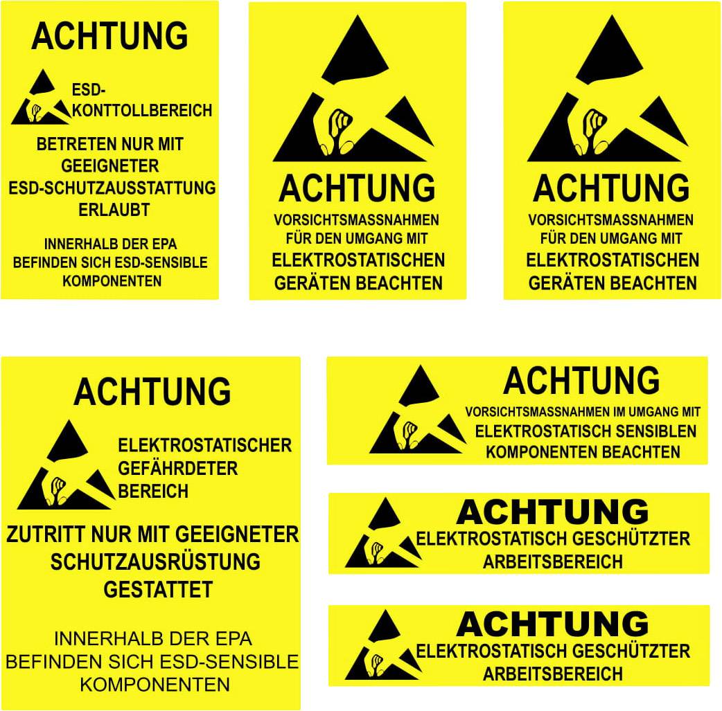 Warning signs for electrostatic hazard areas. Yellow with black symbol. Caution notes for the protection of components.