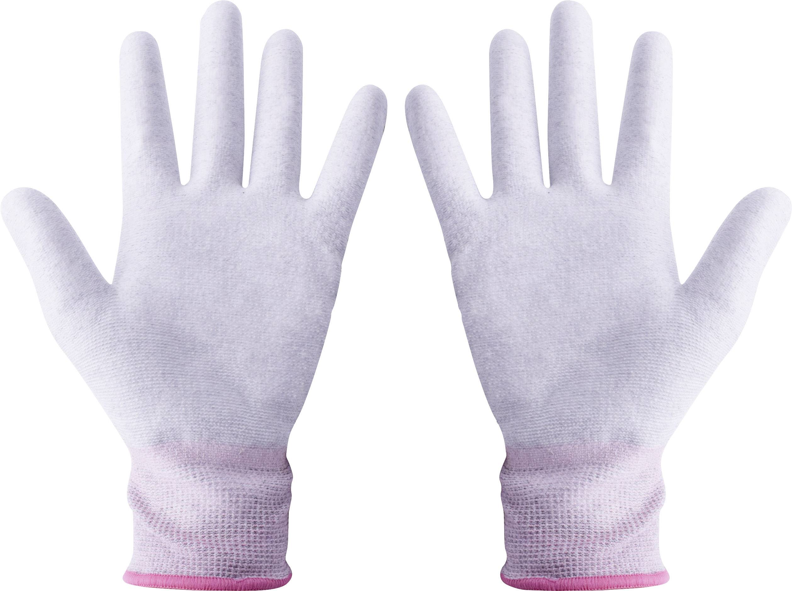 White fabric work gloves with a pink trim, shown from the palm side.