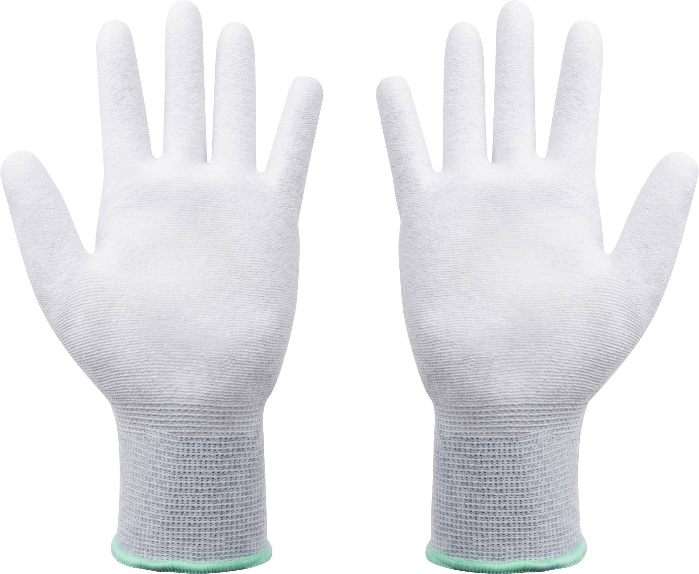 Two white work gloves with slightly blue cuffs, placed side by side on a white background. They are intended for workplace protection.