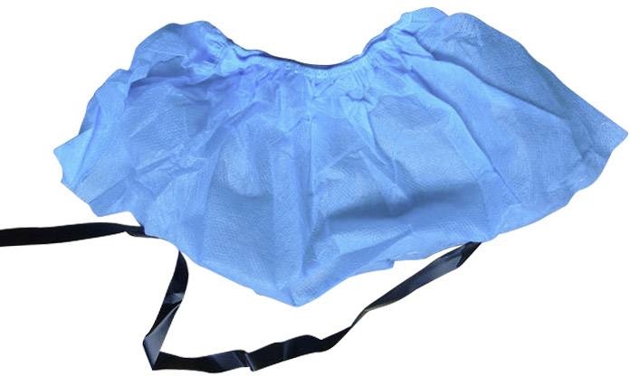 A blue, folding overshoe with a black band, possibly made of non-woven fabric, for covering shoes in areas sensitive to dirt.