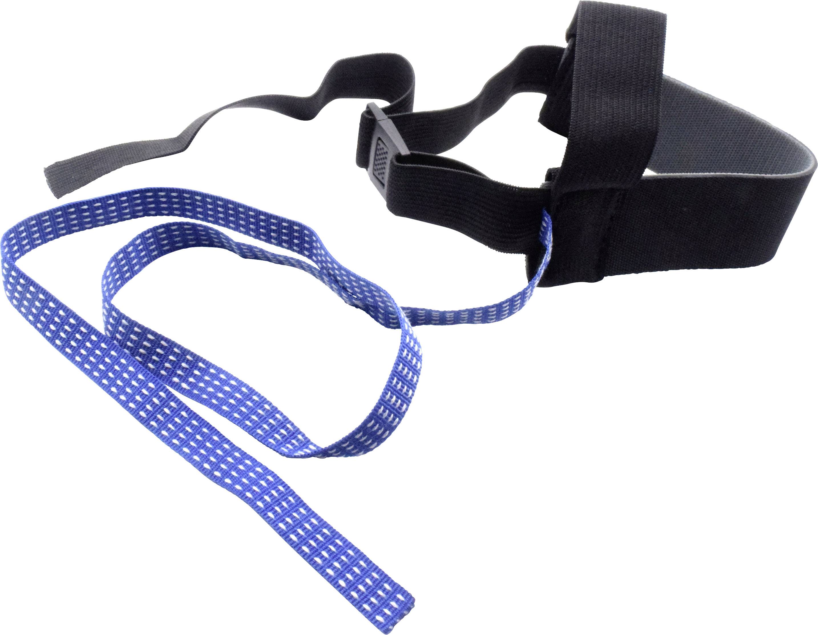 Black elastic strap with blue, white-spotted lead, potentially a carrying or safety strap.