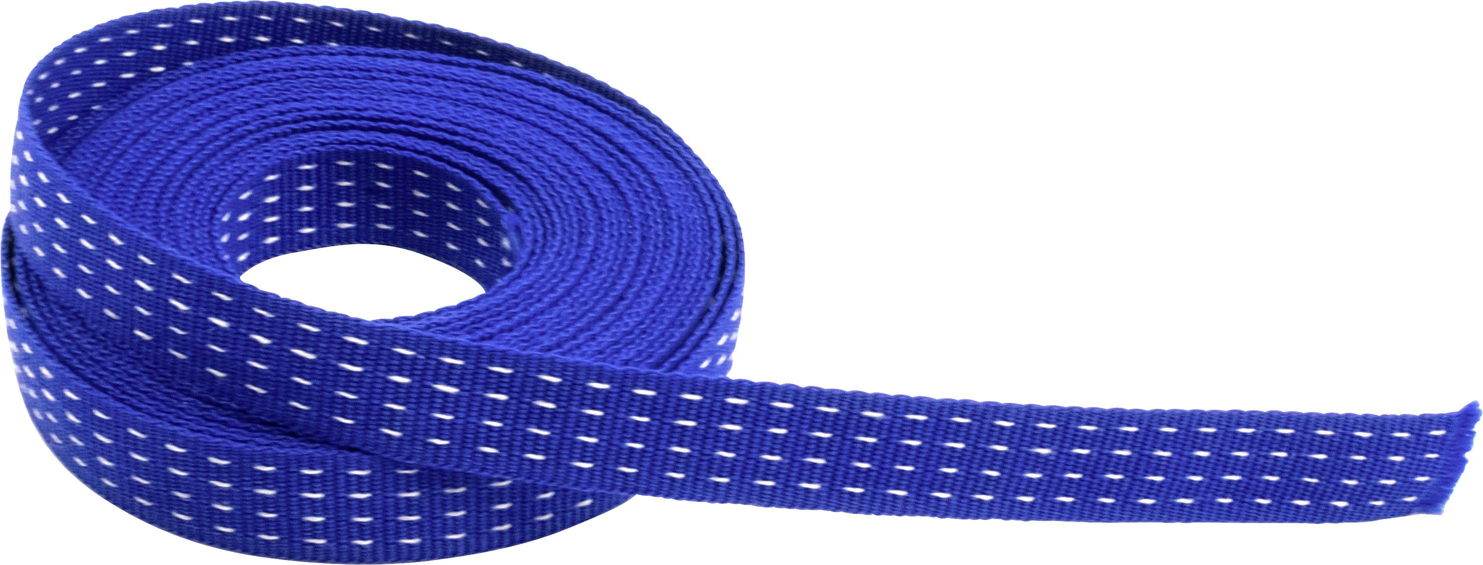 Eine blaue Rolle Klettband mit weißen Streifen liegt aufgerollt auf einer Fläche.